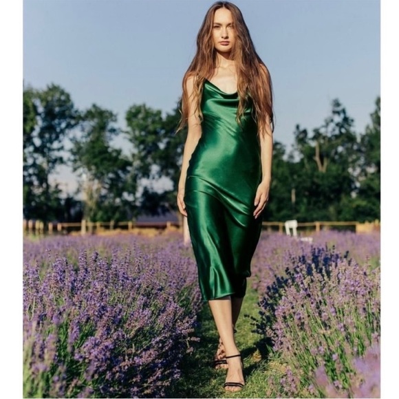 Green Satin Slip Midi Dress Small - Picture 7 of 10
